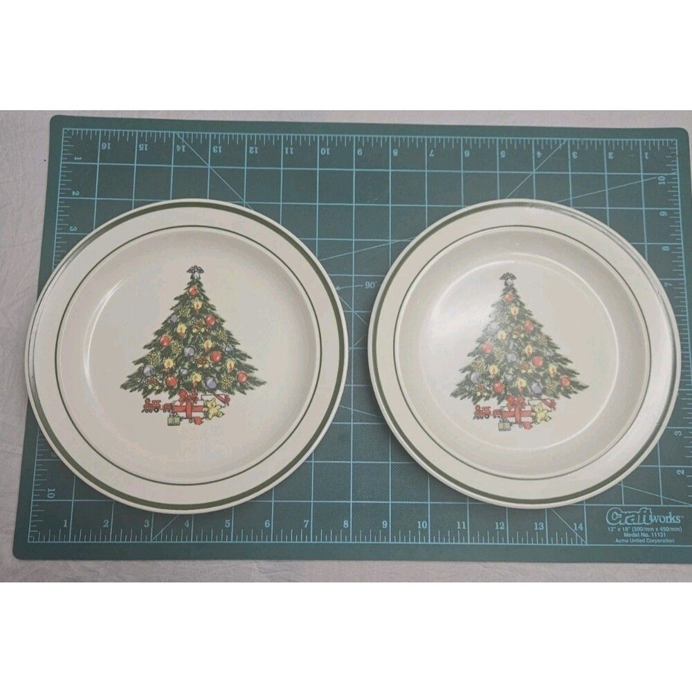 Vintage Christmas Tree Stoneware 8 in Plate Salad or Dessert Lot of 2
